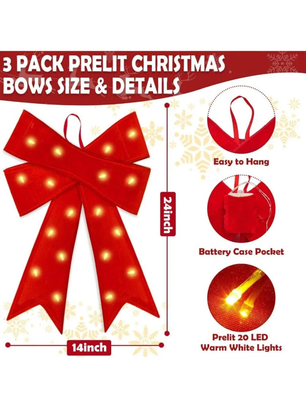Set of 3 Large Prelit Red Velvet Christmas Bows with LED Lights & Remote Timer